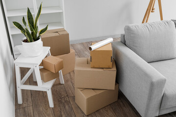 Poster - Cardboard boxes with grey sofa, houseplant and stepladder in living room on moving day