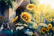 beautiful sunflower garden with watercolor style created using AI Generative Technology