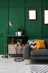 Interior of living room with black sofa, cushions and houseplants