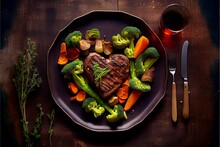 Juicy Heart-Shaped Steaks With Crispy Roasted Vegetables- Generative AI
