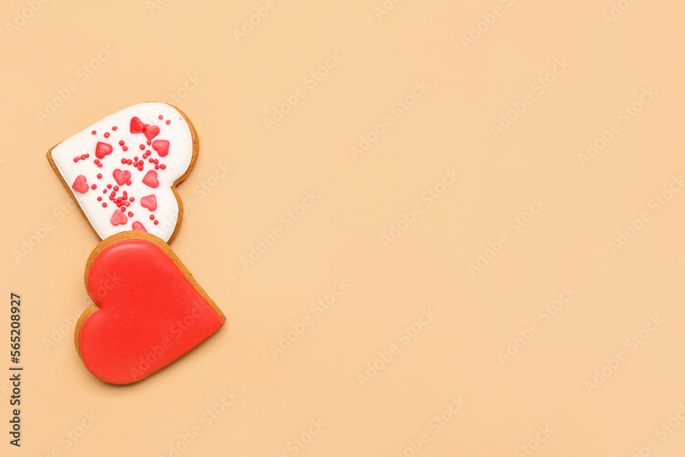Tasty heart shaped cookies on color background. Valentine's Day celebration