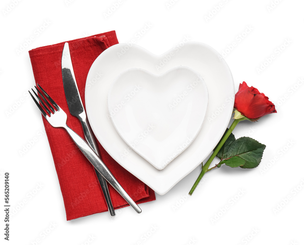 Table setting for Valentine's Day with rose isolated on white background