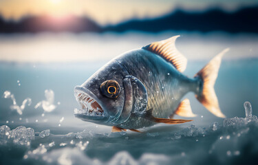 A piranha fish was frozen in clear ice with snowy, the background is bokeh a beautiful landscape, made with generative AI