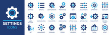Settings, Icon Set. Containing Options, Configuration, Preferences, Adjustments, Operation, Gear, Control Panel, Equalizer, Optimization And Setup Icons. Solid Icon Collection.