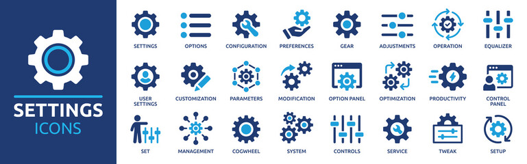 settings, icon set. containing options, configuration, preferences, adjustments, operation, gear, co