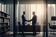© FRAMEWORK - Two business men shaking hands on a deal after a successful negotiation. the contract and partnership agreement they have just signed is mutually beneficial.