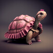 slow-moving and sluggish-looking tortoise in a tiny, pink dress.