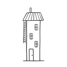 Hand Drawn Vector House With Fire Escape Stairs. Cute Building Isolated On White. Doodle Illustration