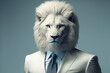 Portrait of a white lion dressed in a fashionable business suit. Post-processed digital AI art