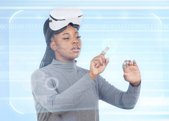 Poster - Vr, augmented reality and digital with black woman and 3d hologram for future, cyber and metaverse. Media, ui and technology with girl and headset for ux interface, innovation and data graphics