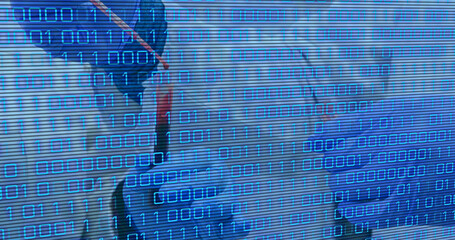 Poster - Image of binary code over hands of lab workers