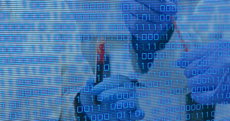 Poster - Image of binary code over hands of lab workers