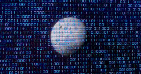 Poster - Image of binary code over grey planet