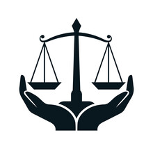 Creative And Unique Justice  Balance Scale. Two Hand Holding Lawyer Scale. Attorney And Judicial Icon Design.