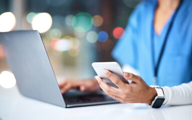 Aufkleber - Laptop, healthcare and hands of nurse with phone for medical research, planning and schedule in hospital. Telehealth, communication and black woman with digital tech for online consultation in clinic