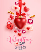 Valentine's Day Sale Banner With Sweet Hearts And Valentine Elements On Pink Background.Promotion And Shopping Template For Love And Valentine's Day Concept.