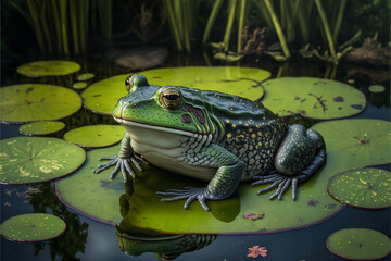  Imaginative Bull Frog Sitting on Lily Pads  - Generative AI illustrations