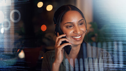 Digital, overlay or black woman with phone call for communication, networking or contact us at night. Stock market, happy or trading girl for financial invest data growth planning or double exposure