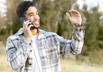 Poster - Phone call, man and relax while in a park for walking, calm and smile against a tree background. Smartphone, conversation and handsome male enjoying a walk in nature while talking, looking and fun