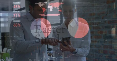 Poster - Animation of easter sunday hunt text and data processing over diverse man and woman with laptop