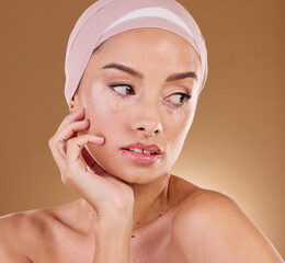 woman, face and beauty with skincare and vitiligo, natural cosmetics with skin wellness isolated on 