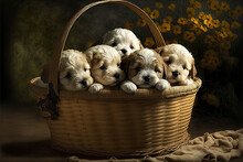 Poodle Puppies In A Basket, - AI Generative