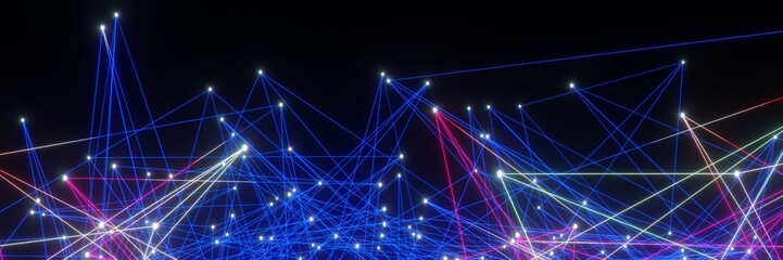 Fototapete - Abstract Digital technology Network glowing dots and lines panorama background 3D rendering