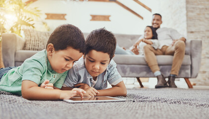 Canvas Print - Children with tablet, games or streaming with parents at family home, gaming with technology or video watching. Internet, wifi and childhood, mother and father relax with boys and screen time