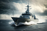 Military ship on the sea going to war, warship