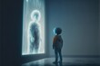 Standing small child looking at awakened ghost behind the window. Generative Ai.