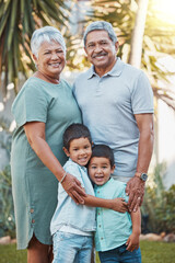 senior family, children and garden portrait with outdoor wellness, love and hug for summer, holiday 