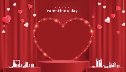 Wall Mural - Valentine's day sale banner background with red stage product display cylindrical shape and Retro light bulbs heart shape sign background