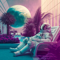 an astronaut lounging in a tropical resort in space, vaporwave