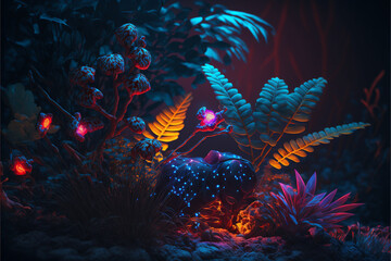 Wall Mural - Exploring a Neon 3D Jungle: An AI-Generated Adventure of Colorful Reflections and Exotic Wildlife