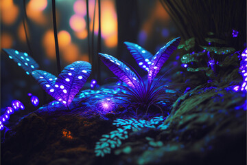 Wall Mural - An AI-Generated 3D Render of a Mystical, Glowing, Enchanted Rainforest at Night