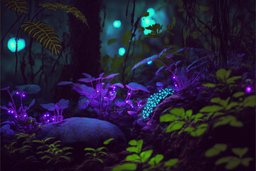 Wall Mural - Mystical Glowing 3D Jungle: An AI-Generated Adventure Through an Exotic Rainforest at Night