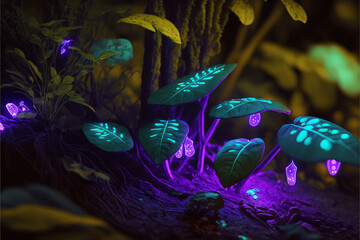 Wall Mural - Mystical Glowing 3D Jungle: An AI-Generated Render of an Ancient, Exotic Rainforest at Night