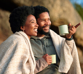 Poster - Relax, pointing and camping with black couple and coffee for wake up, hiking and sunrise. Nature, calm and adventure with man and woman and blanket in nature for trekking, mountaineering or discovery