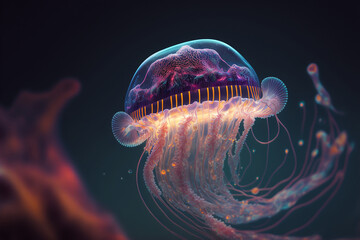 Beautiful jellyfish are swimming in the ocean. Generative AI. Nice macro photo of jellyfish.