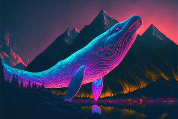 Poster - Neon whale swims in the sky. AI generation