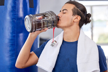 Poster - Fitness, man and drinking water in gym for health, rest and energy for boxing, workout and towel. Thirsty sports person, bodybuilder and athlete hydration, bottle and exercise nutrition for wellness