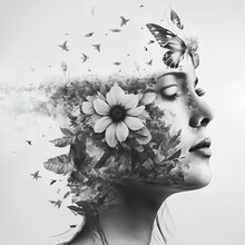 Surreal Double Exposure Image Of Woman And Flowers. Great For Ads, Book Covers, Posters And More.
