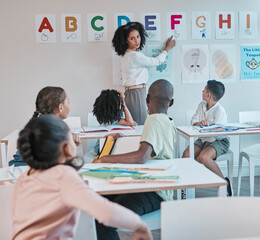 Teacher, woman and school classroom with kids learning the alphabet and answer a question. Assessment, learners and tutor teaching information for child development in a class for education
