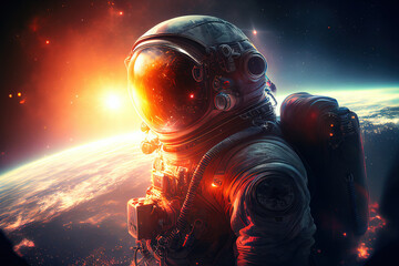 Wall Mural - astronaut in space suit flying in outer space with planet on background, close up. deep space explor