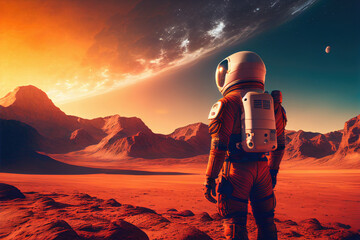 Wall Mural - alone astronaut in space suit on surface of red planet. space exploration, colonization of new plane