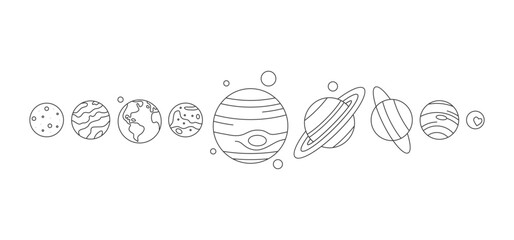 Solar system planets order from sun, space objects. Sun, Earth, Mercury, Jupiter, Saturn, Uranus, Jupiter, Saturn, Pluto, Venus, Neptune. Astronomy, space and science thin line vector illustration