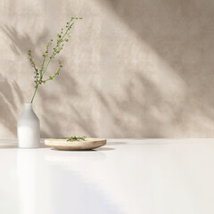 modern white vase with green plant, wooden plate on stone counter table with space in sunlight, leaf