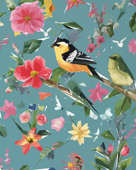 Wall Mural - Floral background with birds, flowers and butterflies, vector illustration.