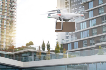 Poster - Drone with a package. Unmanned delivery concept	