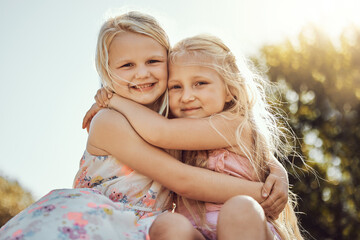 hug, nature and portrait of girl siblings bonding, hugging and playing together in a park. happy, sm